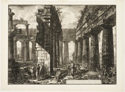 Belső nézet a Neptunusz-templom egyik pronaoijának maradványairól, amely a szárazföld felé néz, Paestum különböző kilátásaiból alkotó: Giovanni Battista Piranesi