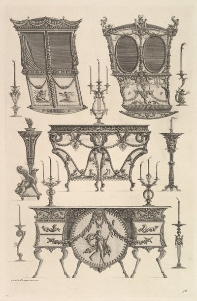Különféle bútorok, köztük két szedán szék, egy kisasztal és egy komód Deux c..., kb. 1769. alkotó: Giovanni Battista Piranesi