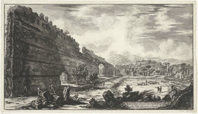Pecile in de Villa Adriana t és Tivoli Kilátás a Castro Pretorio maradványaira a tivoli-i Villa Adrianában (cím a tárgyon) Gezichten op Rome (sorozat címe) Róma kilátásai Giambattista Piranesi építész, Ve (nez) iano által tervezett és metszett (sorozat cím alkotó: Giovanni Battista Piranesi