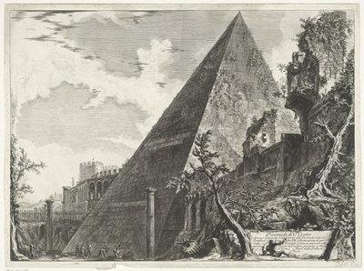 Piramide van Cestius te Róma C. Cestio piramisa (cím a tárgyon) Gezichten op Rome (sorozat címe) Róma látképei, amelyeket Giambattista Piranesi építész, Ve (nez) iano tervezett és vésett (sorozat címe) alkotó: Giovanni Battista Piranesi
