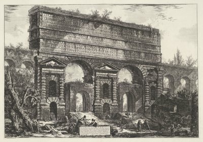 Porta Maggiore Rómában Kilátás a Titus Vespasianus császár által állított emlékműre (...) (cím a tárgyon) Gezichten op Rome (sorozat címe) Róma látképei, amelyeket Giambattista Piranesi építész, Ve (nez) iano tervezett és vésett (sorozat címe) alkotó: Giovanni-Battista Piranesi
