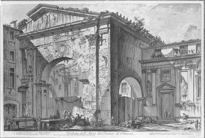 Porticus van Octavia Rómában Kilátás az Octavia portikusz átriumára (cím a tárgyon) Gezichten op Rome (sorozat címe) Róma látképei, amelyeket Giambattista Piranesi építész, Ve (nez) iano tervezett és vésett (sorozat címe) alkotó: Giovanni Battista Piranesi