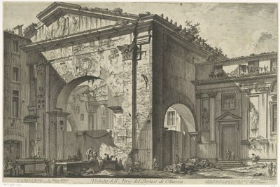 Porticus van Octavia Rómában Kilátás az Octavia portikusz átriumára (cím a tárgyon) Gezichten op Rome (sorozat címe) Róma látképei, amelyeket Giambattista Piranesi építész, Ve (nez) iano tervezett és vésett (sorozat címe) alkotó: Giovanni Battista Piranesi