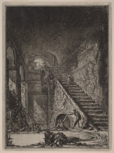 A már említett szállások víztárolójának lépcsőjének perspektívája, az alaprajzon a XIII. táblán G betűvel jelölve. alkotó: Giovanni Battista Piranesi