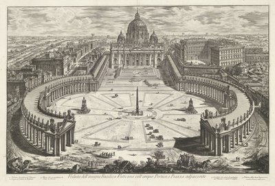 Sint-Pietersplein met de Sint-Pietersbasiliek te Vaticaanstad Kilátás a híres Vatikáni Bazilikára a nagy portikával és a szomszédos Piazza térrel (cím a tárgyon) Gezichten op Rome (sorozat címe) Giambattista Piranesi ív által tervezett és metszett Róma kil alkotó: Giovanni Battista Piranesi