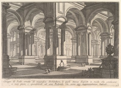A lépcsőházakat pompás építészet díszíti. . . Nagyítással díszített lépcsőcsoport, kb. 1750. alkotó: Giovanni Battista Piranesi