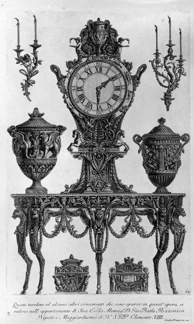 Asztal és dísztárgyak Batta Rezzonico püspöknek, XIII. Kelemen unokaöccsének és inasának. Giovanni Piranesi (piranese) rajza (1720-1778). alkotó: Giovanni Battista Piranesi