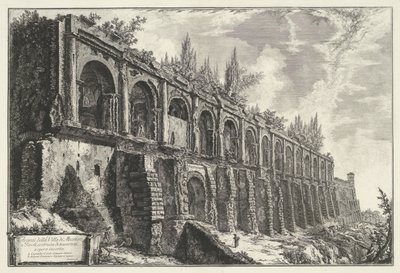 Tempel van Hercules Victor a Tivoliban Maradékok a tivoli-i Villa di Maecenasból, opus incertumban (cím a tárgyon) épült travertinokból Gezichten op Rome (sorozat címe) Róma látképeit Giambattista Piranesi építész, Ve(nez)iano rajzolta és vésette ( alkotó: Giovanni Battista Piranesi