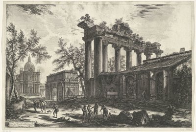 Tempel van Saturnus Rómában Egy másik nézet a Concordia-templom Pronaos maradványairól (cím a tárgyon) Gezichten op Rome (sorozat címe) Róma látképei, amelyeket Giambattista Piranesi építész, Ve (nez) iano tervezett és vésett (sorozat címe) alkotó: Giovanni Battista Piranesi