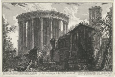 Tempel van Vesta en de Tempel van de Tiburtijnse Sibille Tivoliban Kilátás a tivolii Szibilla templomra (cím a tárgyon) Gezichten op Rome (sorozat címe) Róma látképeit Giambattista Piranesi építész, Ve(nez)iano rajzolta és metszett (ti sorozat alkotó: Giovanni Battista Piranesi