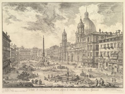 A Piazza Navona Rómában, Domitianus cirkuszának romjai fölött, jobbra a Sant