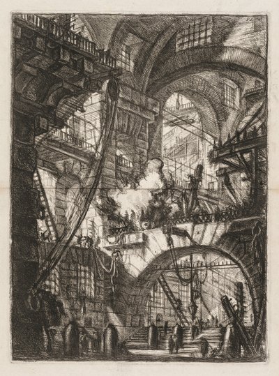 A börtönök: A boltívek perspektívája füstölgő tűzzel a központban. alkotó: Giovanni Battista Piranesi