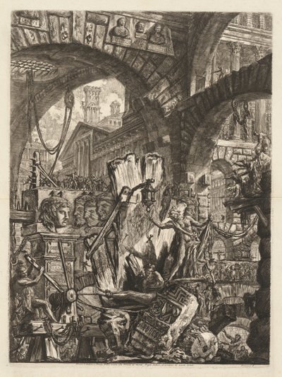 A börtönök: Építészeti medly, egy ember a sziklán az előtérben alkotó: Giovanni Battista Piranesi