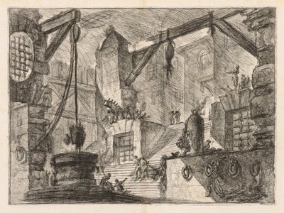 A börtönök: oszlopos belső tér széles lépcsővel, 1745-1750. alkotó: Giovanni Battista Piranesi