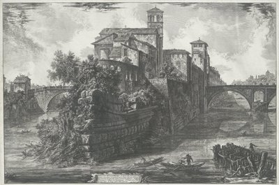 Tibereiland te Róma Kilátás a Tiberis-szigetre (cím a tárgyon) Gezichten op Rome (sorozat címe) Róma látképei, amelyeket Giambattista Piranesi építész, Ve (nez) iano tervezett és vésett (sorozat címe) alkotó: Giovanni Battista Piranesi