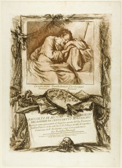 Címlap: Számos rajz gyűjteménye, melyeket Barbieri da Cento (Guercino néven) vésettek rézbe, és Thomas Jenkinsnek, festőnek, a Szent Lukács Akadémia tagjának ajándékozták tagtársa, az ív tiszteletéből és barátságából. alkotó: Giovanni Battista Piranesi