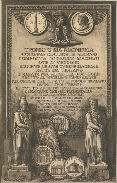 Címlap sassal, Traianus-oszlop képét ábrázoló érme, klasszikus szobrok, 1774-79. alkotó: Giovanni Battista Piranesi