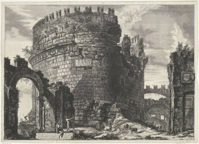 Tombe van Caecilia Metella Rómában Cecilia Metell sírja (...) (cím az objektumon) Gezichten op Rome (sorozat címe) Róma látképei, amelyeket Giambattista Piranesi építész, Ve (nez) iano tervezett és vésett (sorozat címe) alkotó: Giovanni Battista Piranesi
