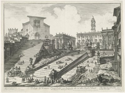 Trappen naar Piazza del Campidoglio en de Santa Maria in Aracoeli te Róma Kilátás a római Campidoglio-ra az Araceli-templomhoz vezető lépcsővel (cím a tárgyon) Gezichten op Rome (sorozat címe) Giambattista Pira által tervezett és metszett római kilátás alkotó: Giovanni-Battista Piranesi