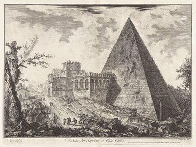 Kilátás a Sepolcro di Cajo Cestióra (Caius Cestius piramis sírjának képe [a Porta S. Paoloval balra]), a Vedute di Romáról (Róma látképe) alkotó: Giovanni Battista Piranesi