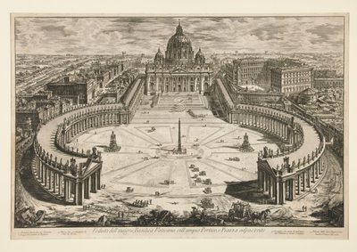 A híres vatikáni bazilika látképe a tágas oszlopcsarnokkal és a szomszédos térrel, a Vedute di Roma című műből alkotó: Giovanni Battista Piranesi