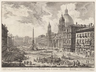 Kilátás a Piazza Navona térre a Domitianus-cirkusz romjai felett, a Vedute di Roma felől (Róma látképe) alkotó: Giovanni Battista Piranesi