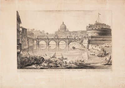 A híd és az Angyalvár, Hadrianus mauzóleuma, látképe, előtérben csónakokkal a Teverén, háttérben a Szent Péter-bazilika kupolájával alkotó: Giovanni Battista Piranesi