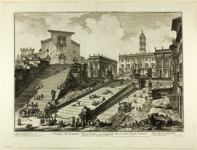 Kilátás a Capitolium-hegyre az aracoeli S. Maria-templom lépcsőjével, a Római kilátásból alkotó: Giovanni Battista Piranesi