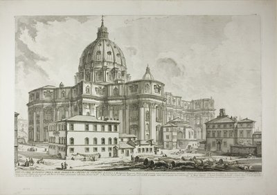 A vatikáni Szent Péter-bazilika külsejének látképe, a Views of Rome (Róma látképei) oldalról. alkotó: Giovanni Battista Piranesi