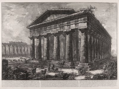 Neptunusz templomának látképe, Pesto ókori városának védőistene, jóllehet semmilyen jel nem látható, amely arra utalhatna, hogy e templom e istenséghez vagy valamely másikhoz tartozott ... alkotó: Giovanni Battista Piranesi