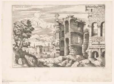 Gezicht op het Colosseum en omgeving te Róma Colosseum ro prospektus (cím a tárgyon) Római romok (sorozat címe) A római ókor néhány fontos emléke (...) (sorozat címe) alkotó: Giovanni Battista Pittoni (I)