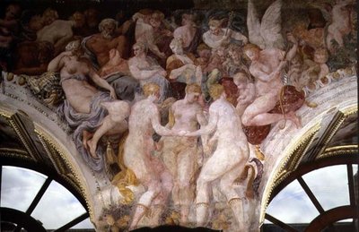 Táncoló istennők, dekorációs séma részlete az I. Ferenc Galériában alkotó: Giovanni Battista Rosso Fiorentino