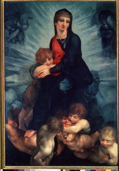 A Szűz és a Gyermek angyalokkal (The Virgin and the Child with angels). Fiorentino Rosso (1495-1540) festménye. Olajfestmény alkotó: Giovanni Battista Rosso Fiorentino