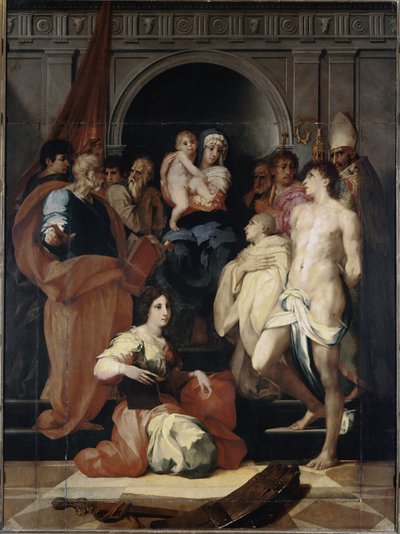 Madonnánál a trónon a gyermek és a szentek (olaj, vászon alkotó: Giovanni Battista Rosso Fiorentino