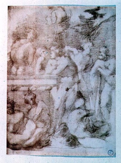 Meztelen férfiak tanulmányozása beszélgetés közben (vörös kréta) alkotó: Giovanni Battista Rosso Fiorentino