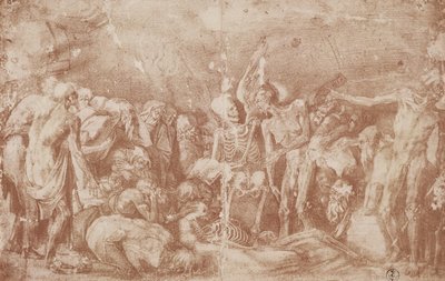 Tanulmány az élőkről és holtakról összeszerelve (sanguine papíron) alkotó: Giovanni Battista Rosso Fiorentino