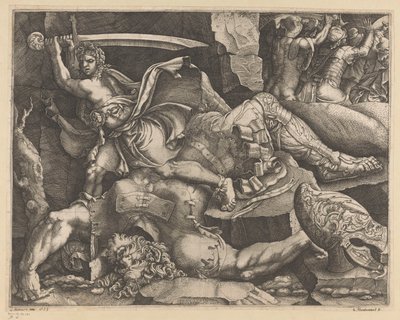 Dávid lefejezi Góliátot alkotó: Giovanni Battista Scultori