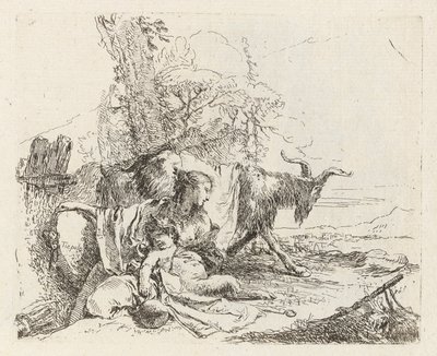 Egy nimfa kis szatírral és két kecskével, a Vari capriccitól (Különféle Capriccios) alkotó: Giovanni Battista Tiepolo