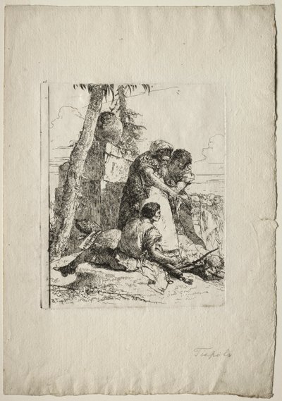 Scherzi di Fantasia: Bűvész, aki égő fejre mutat két fiatalnak alkotó: Giovanni Battista Tiepolo