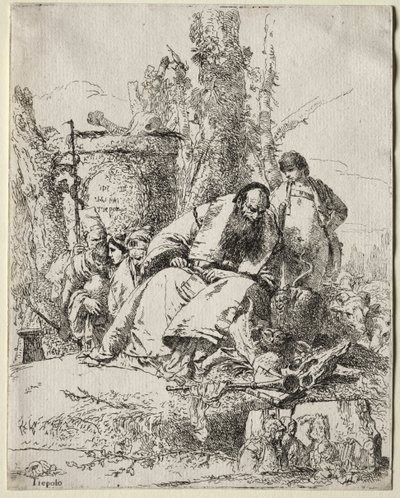 Scherzi di Fantasia: ülő bűvész, fiú és négy figura alkotó: Giovanni Battista Tiepolo