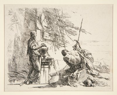 Álló nő és ülő férfi egy obeliszk előtt, a Vari Capricci sorozatból alkotó: Giovanni-Battista Tiepolo