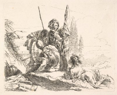 Három katona és egy fiatal hason fekszik egy tájban, a katonák egy..., kb. 1740-42. alkotó: Giovanni Battista Tiepolo