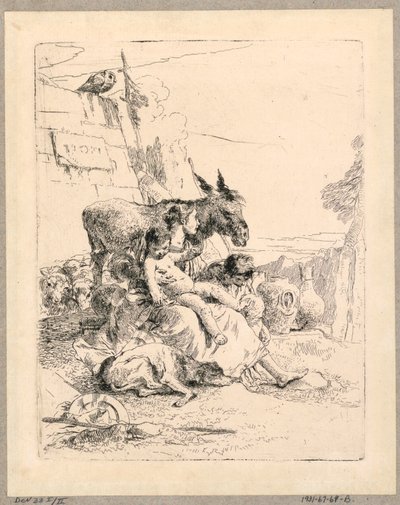 Kétgyermekes nő és egy szamár, 21-es tábla a Scherzi di Fantasia-tól alkotó: Giovanni Battista Tiepolo
