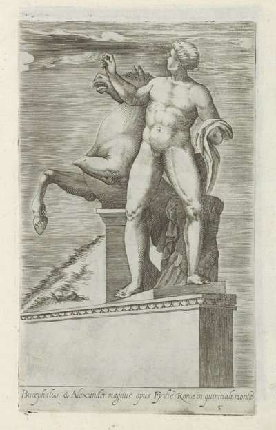 Sculptuur van een van de Dioscuren a Quirinaal te Rómában Bucephalus és Alexander nagy alkotás (...) (cím a tárgyon) Antik szobrok Rómában (sorozat címe) Róma város ókori szobrainak ikonjai, amelyek nyilvános helyeken láthatók (sorozat címe) alkotó: Giovanni Battista de