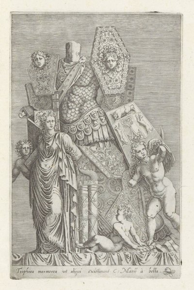 Trofee van wapans, een vrouwenfiguur en engelen Márványtrófea, ahogy egyesek gondolják (...) (cím a tárgyon) Antik szobrok Rómában (sorozat címe) Róma város ókori szobrainak ikonjai, amelyek nyilvános helyeken láthatók (sorozat címe) alkotó: Giovanni Battista de