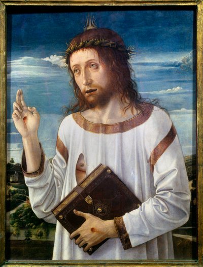 Giovanni Bellini dit il Giambellino (1430-1516) Krisztus pad festménye 1460 V.0,58x0,46 m - Krisztusi áldás. Giovanni Bellini festménye Giambellino (1430-1516) 1460. 0,58 x 0,46 m. Louvre Múzeum, Párizs alkotó: Giovanni Bellini