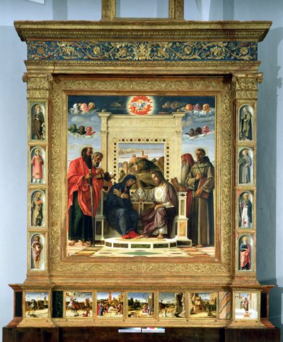Szűz koronázása SS-szel. Pál, Péter, Jeromos és Assisi Ferenc jelenetekkel a szentek életéből a Pala di Pesaro oltárképként ismert predella-táblán, 1474 körül (olaj, tábla alkotó: Giovanni Bellini