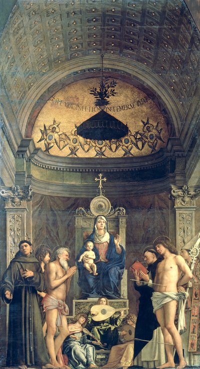 Madonna és a gyermek trónolt az SS között. Ferenc, Keresztelő János, Jób, Domonkos, Sebastian és Lajos (a San Giobbe-oltárkép) 1487 körül (részletekért lásd: 61101 és 276359) alkotó: Giovanni Bellini
