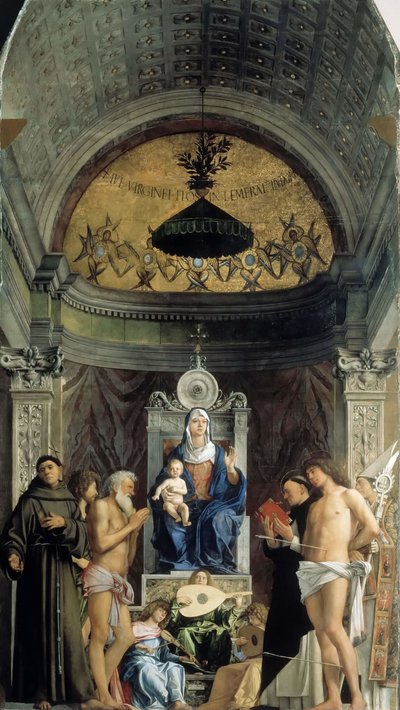 Madonna és gyermek, zeneangyalok és szentek Ferenc, Keresztelő János, Jób, Domonkos..., 1487 körül alkotó: Giovanni Bellini