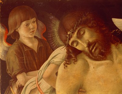 Pieta vagy Holt Krisztus Angyalok által támogatott, 1474 körül, Giovanni Bellini (1431-36 - 1516), tempera táblán, 91x131 cm. Részlet. alkotó: Giovanni Bellini
